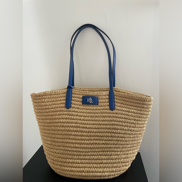 BRAND NEW - RALPH LAUREN LEATHER TRIM LARGE BRIE TOTE BAG STRAW AND BLUE LEATHER - Picture 3 of 7